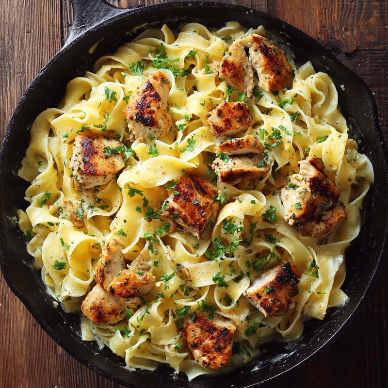 One Pan Chicken with Buttered Noodles in skillet