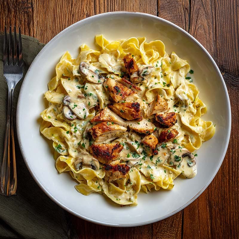 Serving bowl of One Pan Chicken with Buttered Noodles