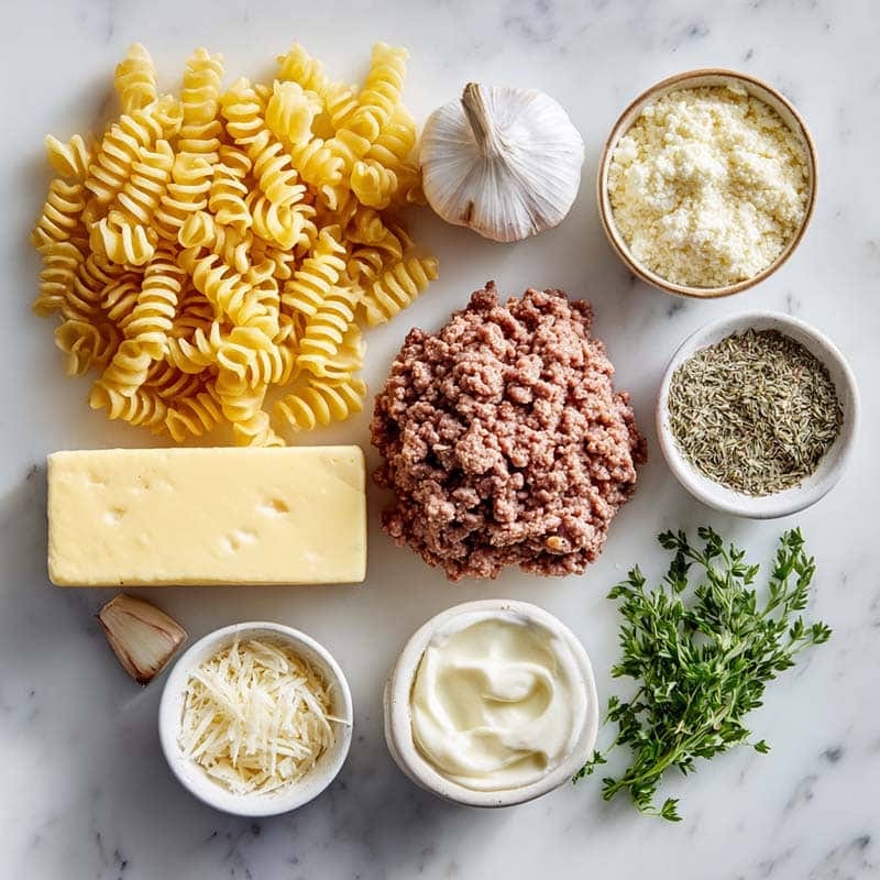 ingredients for one pot creamy beef and garlic butter pasta