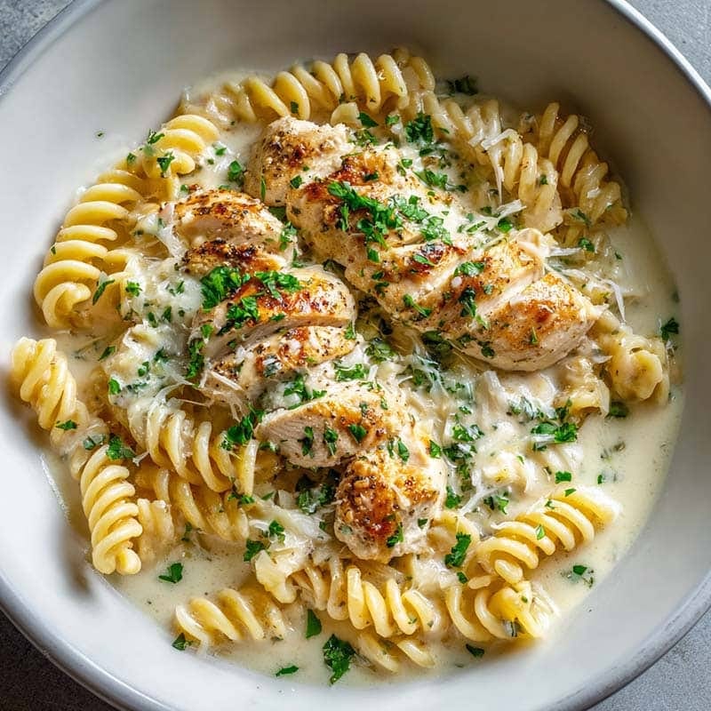 creamy garlic butter chicken and rotini in parmesan sauce