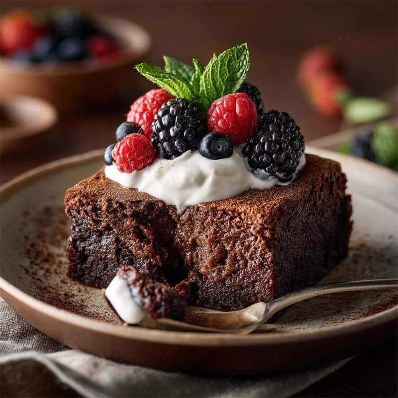 High protein brownie served with yogurt and berries