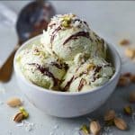 High protein pistachio ice cream in a rustic bowl