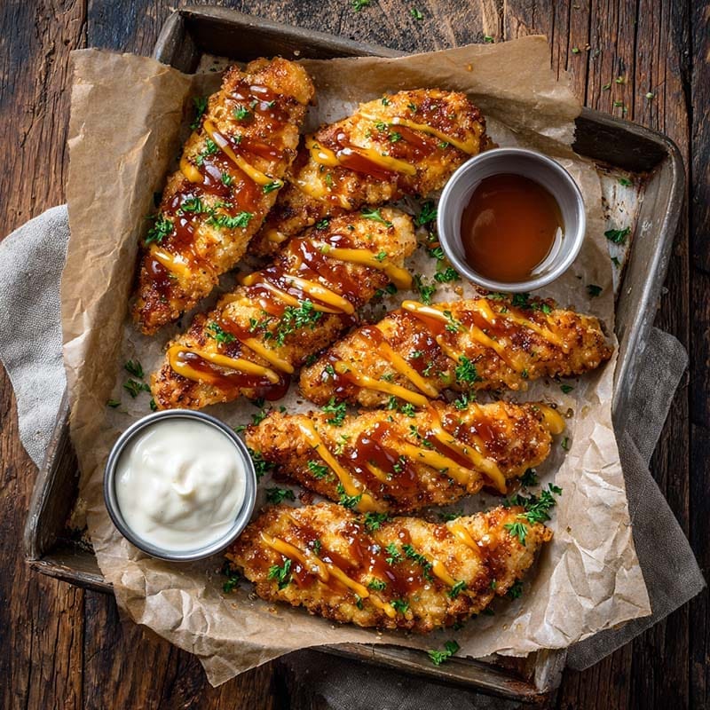 Hot honey chicken tenders air fryer style on tray