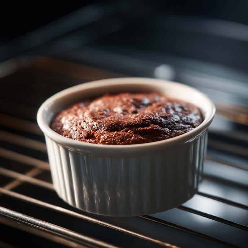 Cottage cheese protein brownie cooking in microwave ramekin
