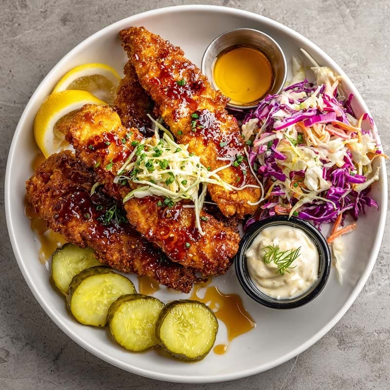 Served hot honey chicken tenders with sides