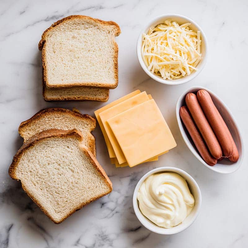 Ingredients for air fryer grilled cheese hot dogs