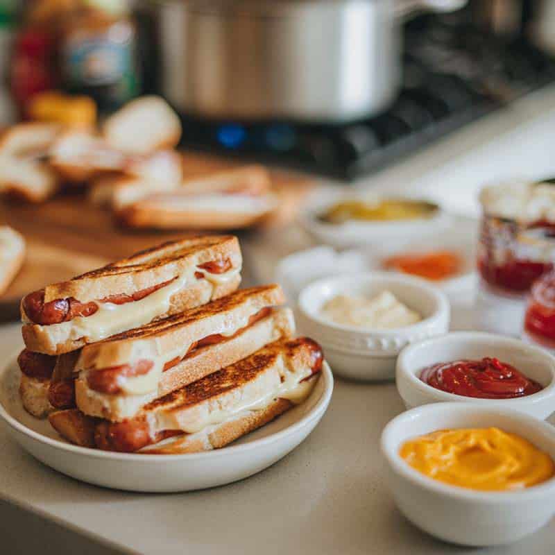 Served air fryer grilled cheese hot dogs with dips