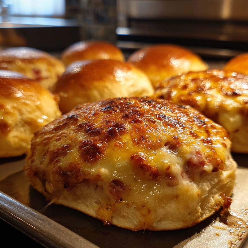 Baked old school pizza burgers hot from the oven