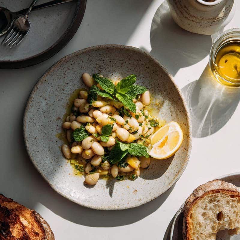 Serving butter bean salad with vinaigrette