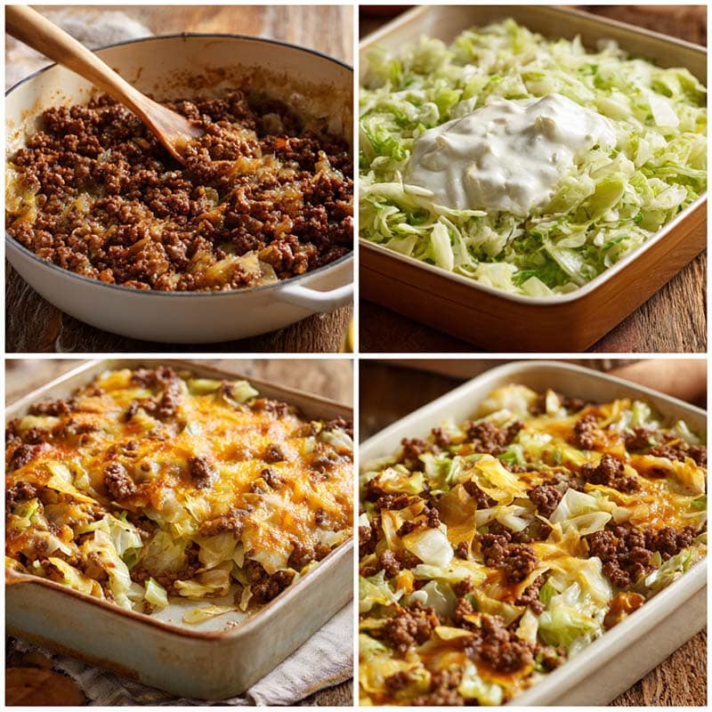 Cooking steps for creamed cabbage and ground beef casserole