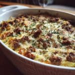 Creamed cabbage and ground beef casserole in baking dish