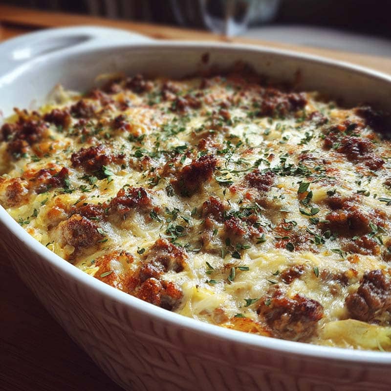 Creamed cabbage and ground beef casserole in baking dish