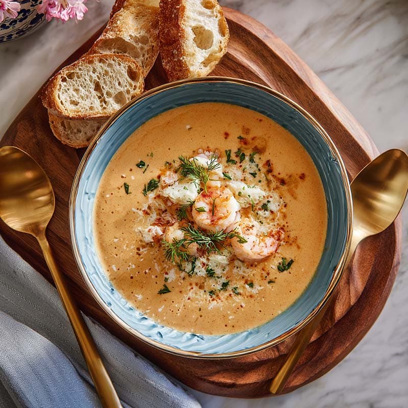 Creamy crab and shrimp seafood bisque in a bowl