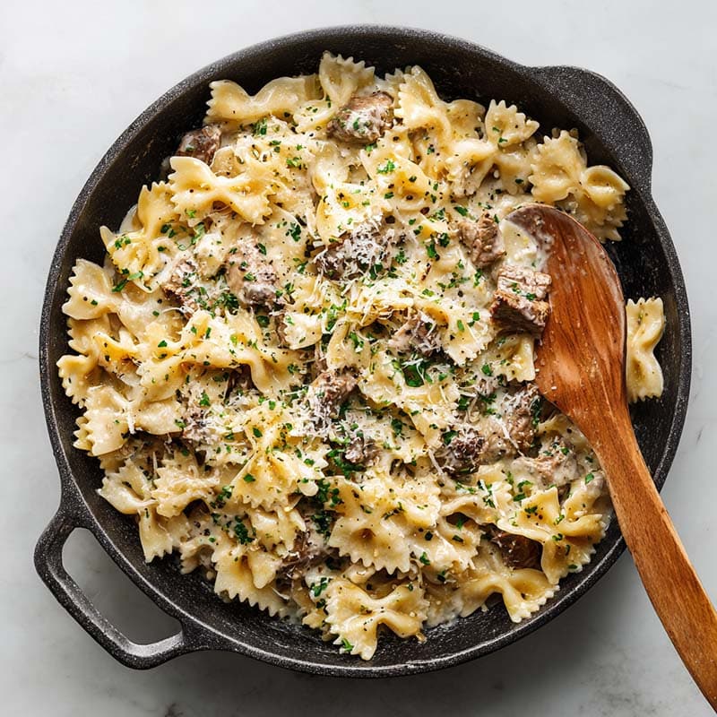 creamy parmesan garlic beef bowtie pasta in skillet