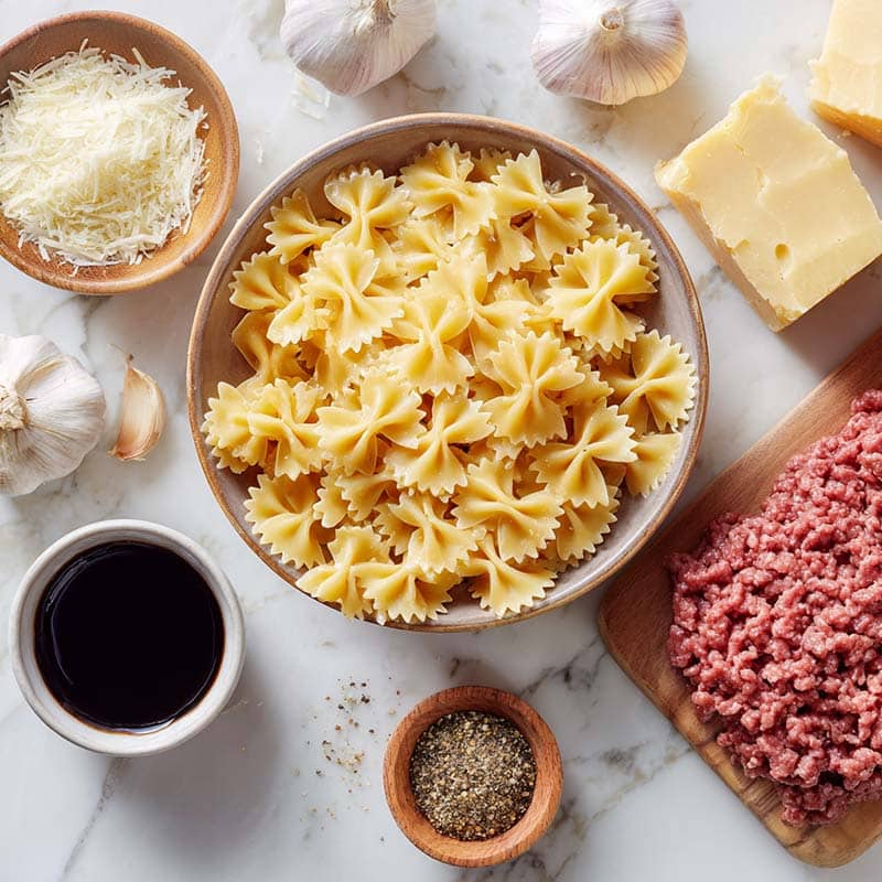 ingredients for creamy garlic beef pasta