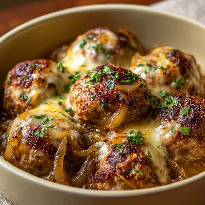 Crock pot French onion meatballs in a bowl