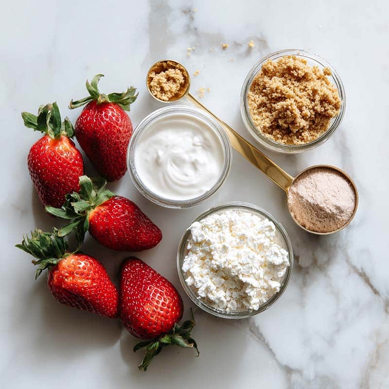easy protein cheesecake ingredients on marble surface