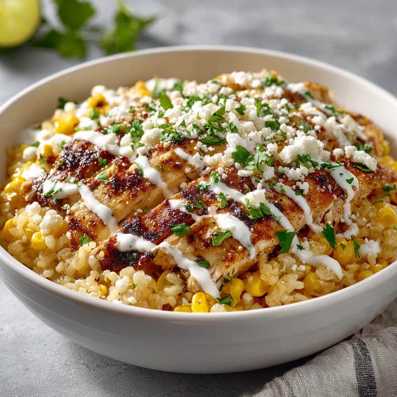 finished street corn chicken rice bowl