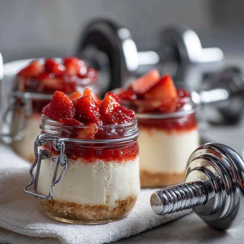 finished high protein strawberry cheesecake jars for serving