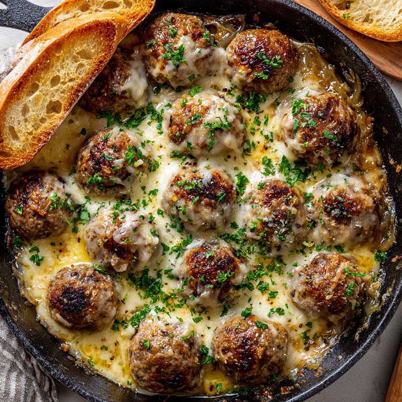 French onion meatballs with bread and parsley