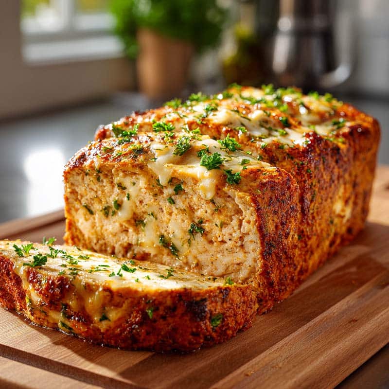 garlic parmesan chicken meatloaf on cutting board