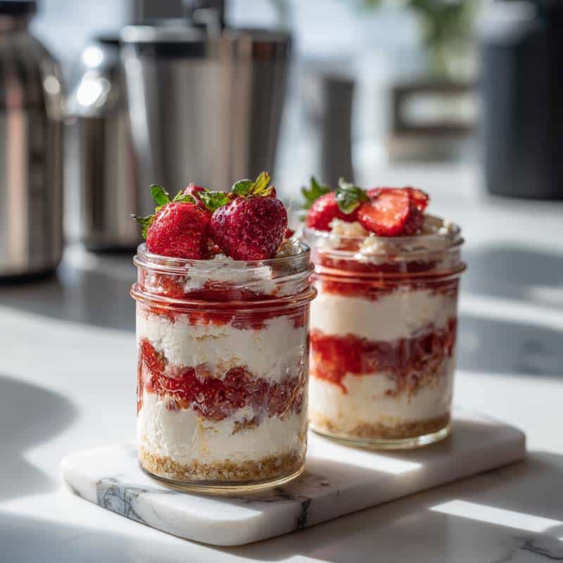 high protein strawberry cheesecake jars on white kitchen counter