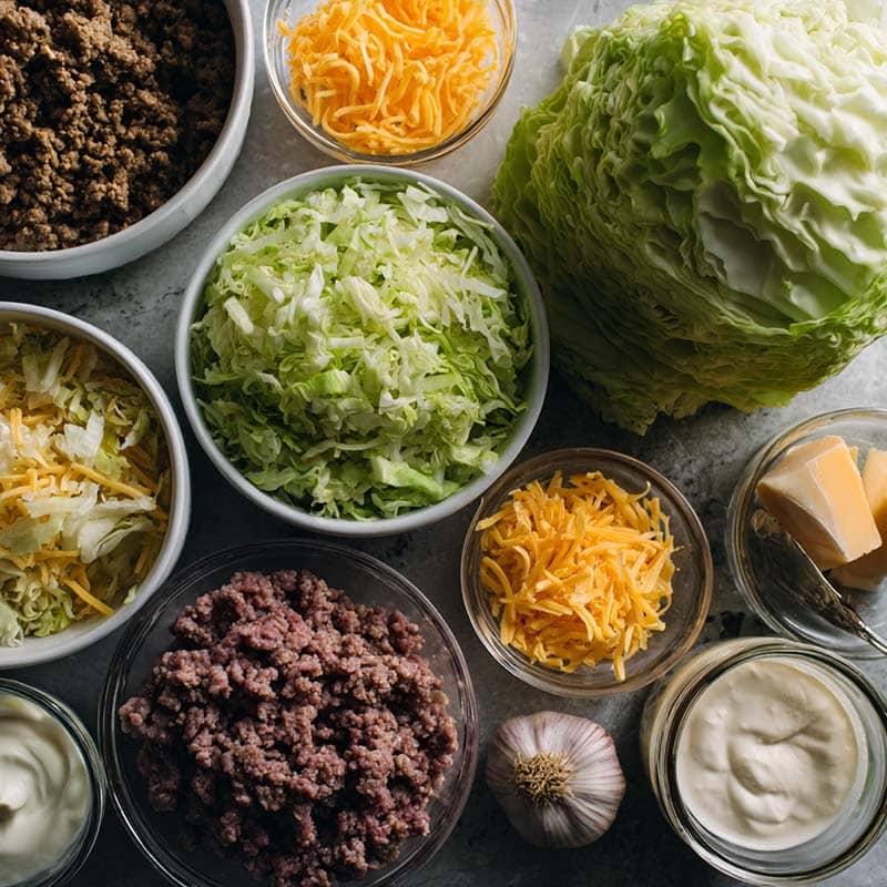 Ingredients for creamed cabbage and ground beef casserole