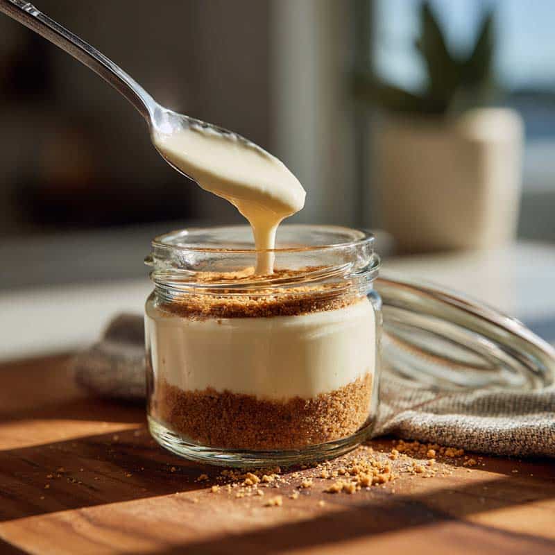 spooning protein cheesecake mix into jars