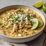 Mexican street corn white chicken chili recipe in rustic bowl