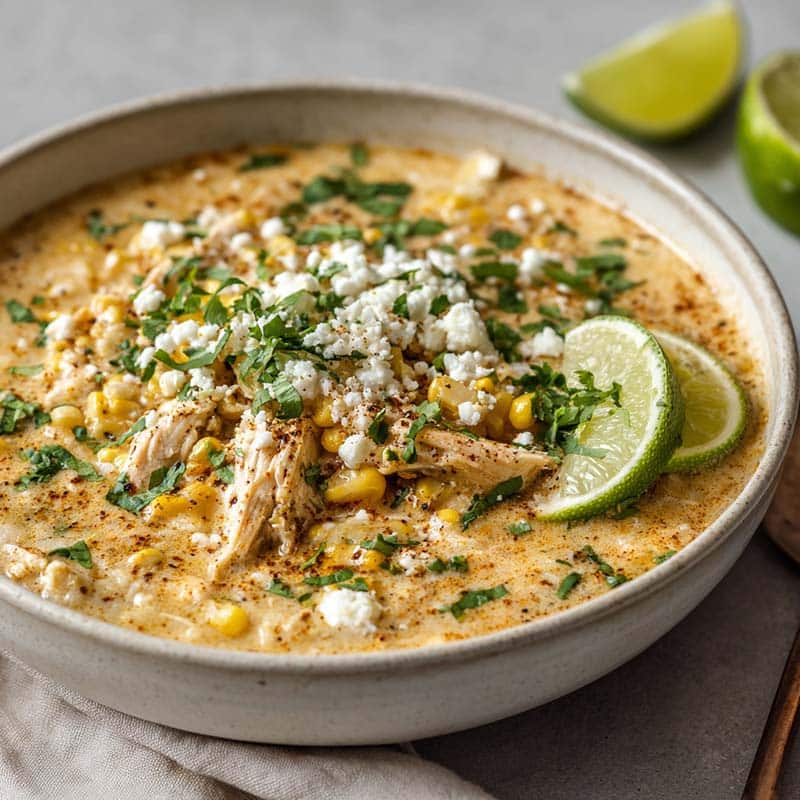 Mexican street corn white chicken chili recipe in rustic bowl