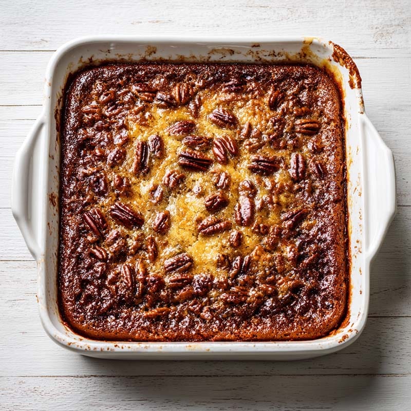 pecan pie dump cake fresh out of the oven