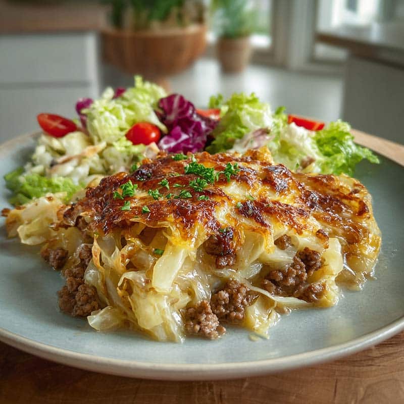 Plated creamed cabbage and ground beef casserole with salad