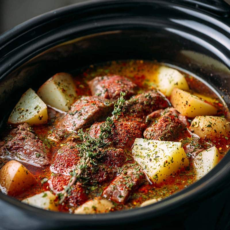 Crockpot with raw ingredients before cooking