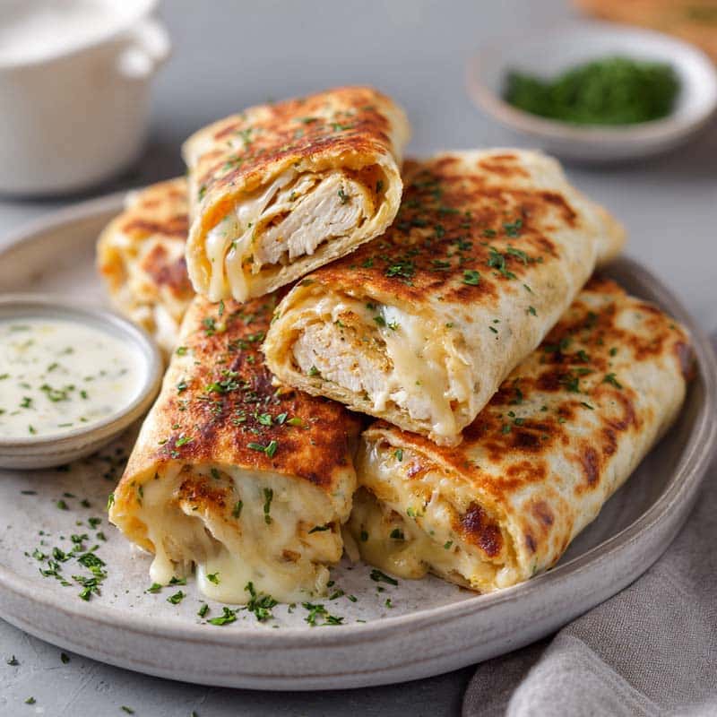 Served cheesy garlic chicken wrap with dip