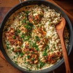 smothered chicken and rice in cast iron skillet