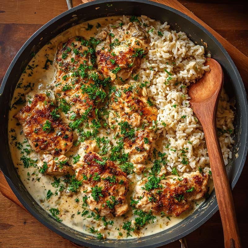 smothered chicken and rice in cast iron skillet