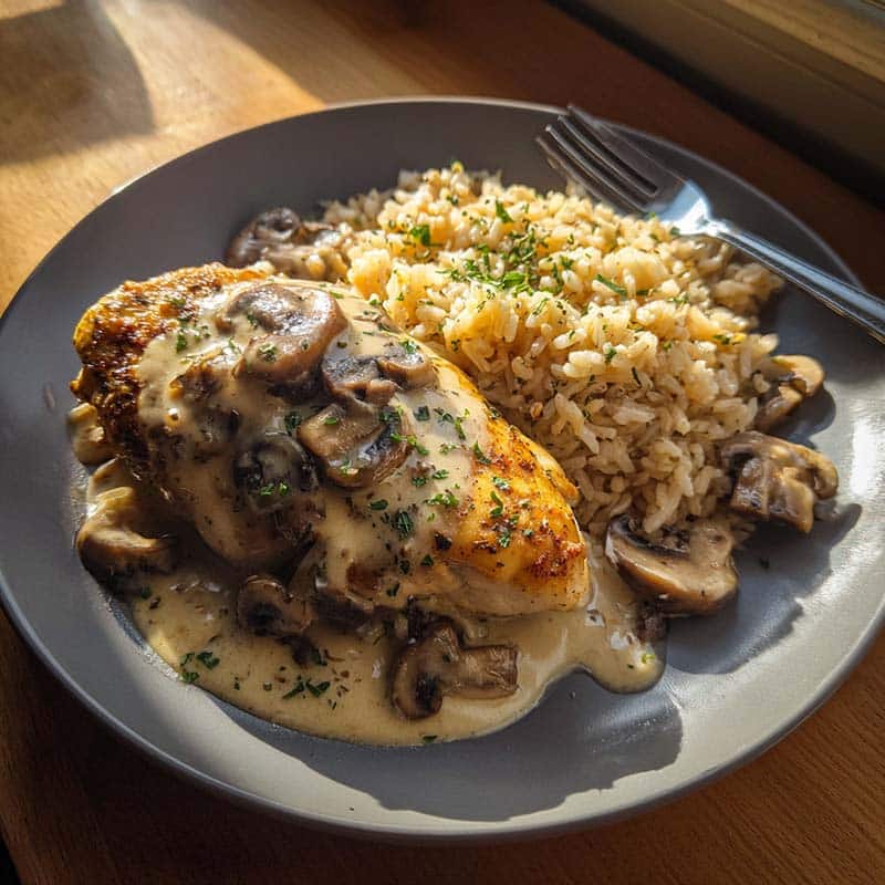 serving of smothered chicken and rice