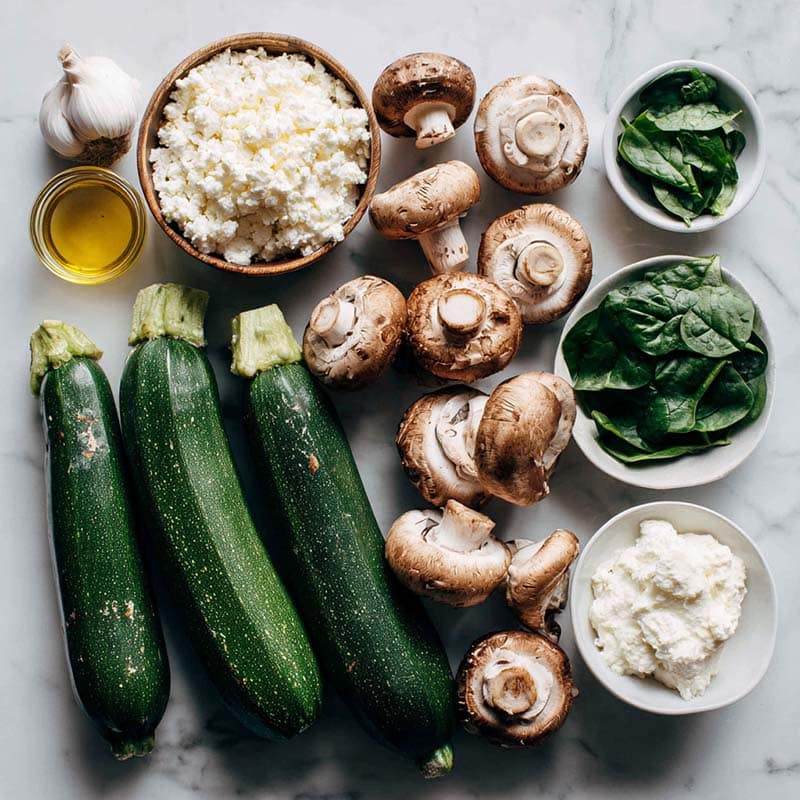 Ingredients for spinach mushroom and ricotta stuffed zucchini boats