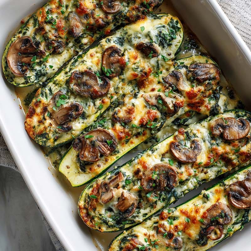 Spinach mushroom and ricotta stuffed zucchini boats in a ceramic baking dish