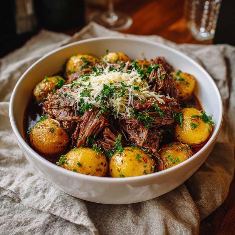 Plated steak and potato bake with garnish