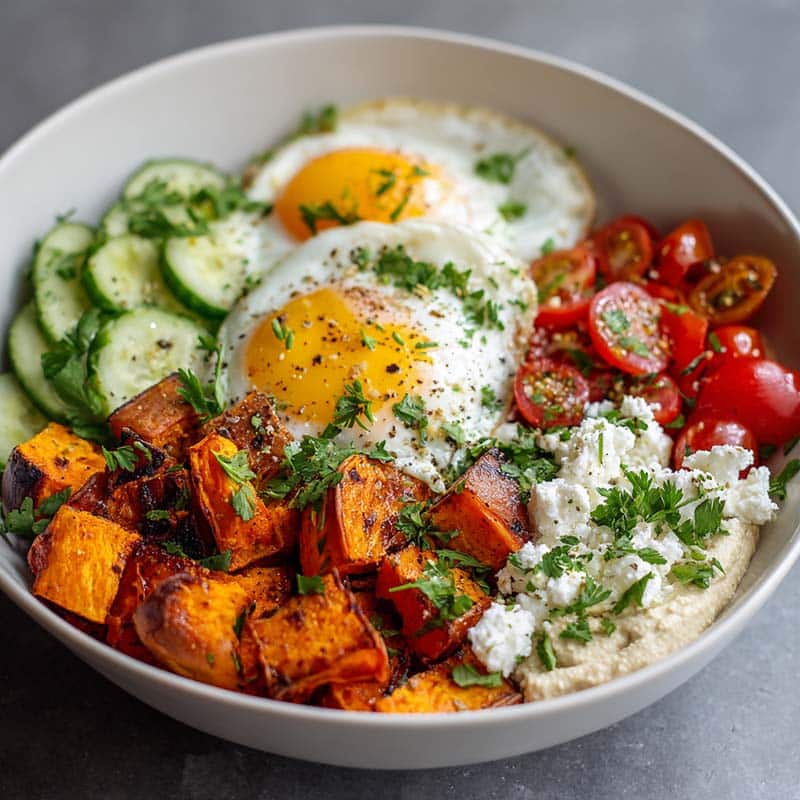 Sweet potato Mediterranean breakfast bowl with eggs, hummus, and veggies