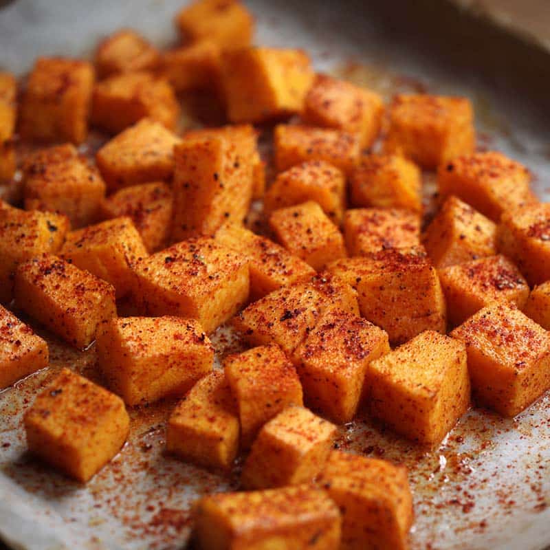 Sweet potato Mediterranean breakfast step—cubed sweet potatoes seasoned with paprika on a baking tray