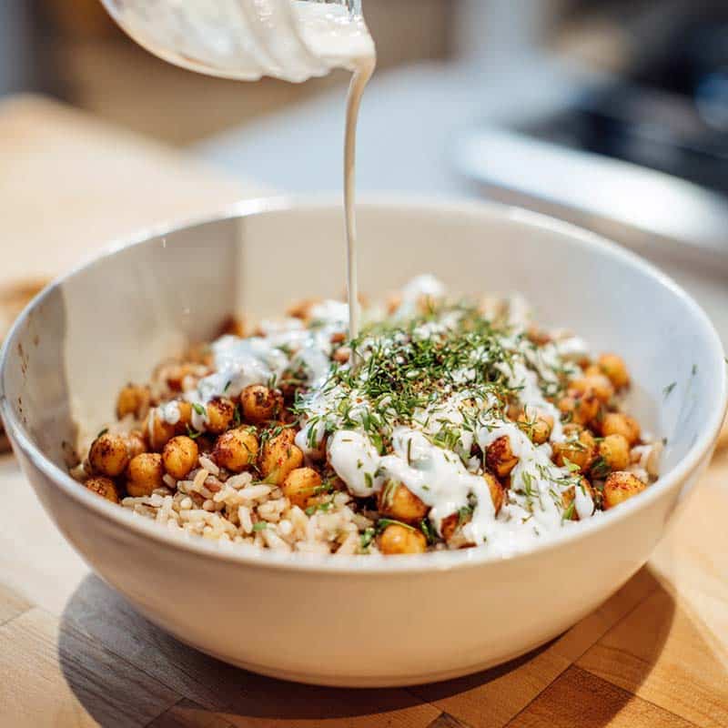 Assembling turmeric chickpea bowl with sauce and herbs