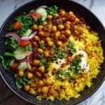 Mediterranean turmeric chickpea rice bowl with herbs and lemon