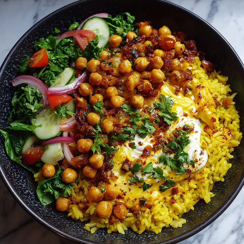 Mediterranean turmeric chickpea rice bowl with herbs and lemon