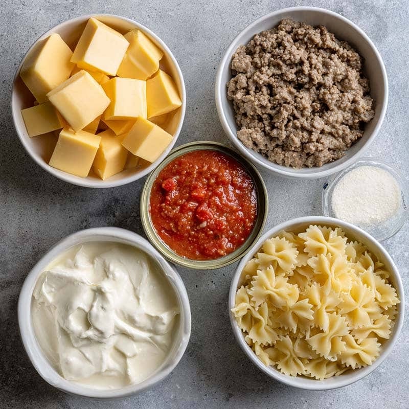 Ingredients for creamy Velveeta beef pasta with bowtie noodles