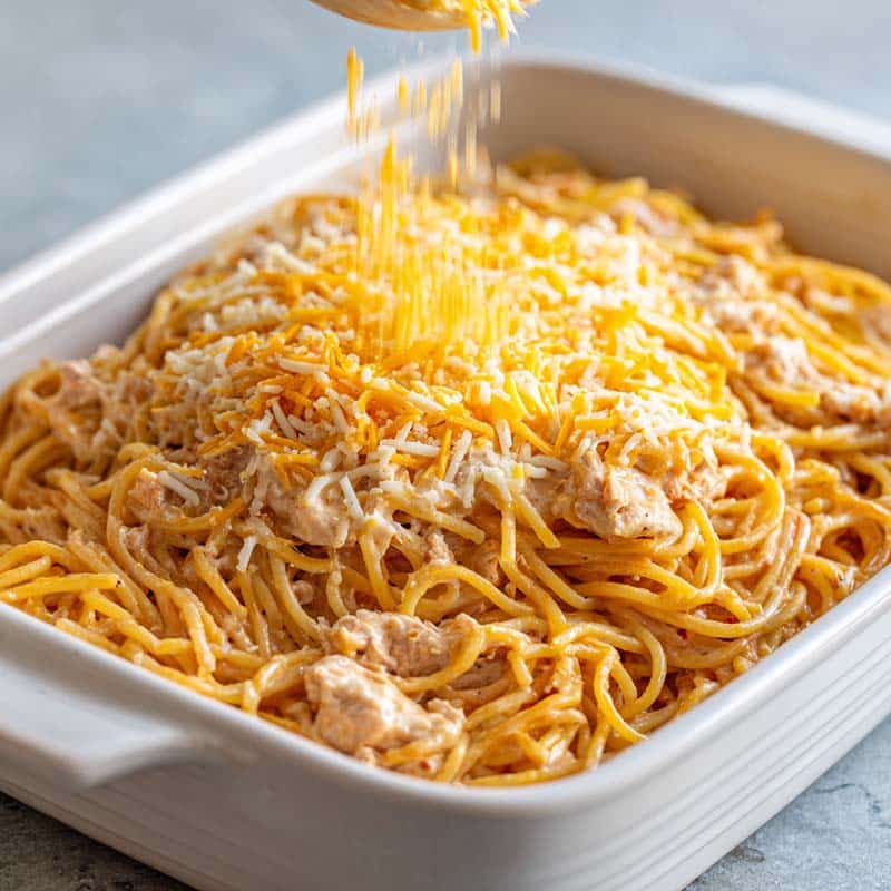 Preparing chicken spaghetti with Rotel in a casserole dish
