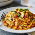A serving of Monterey chicken spaghetti with Rotel