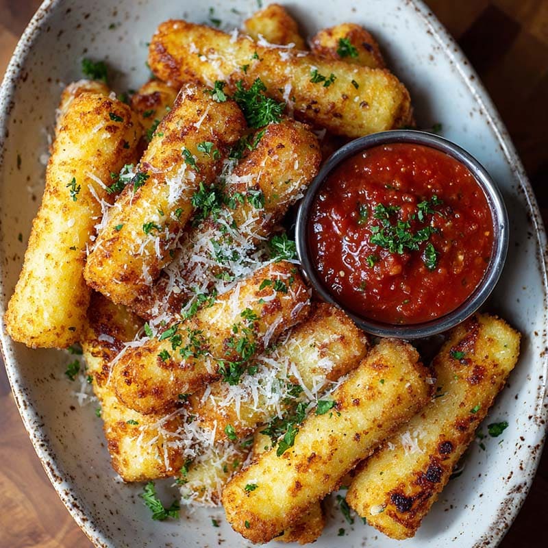 Served potato mozzarella sticks with marinara dip