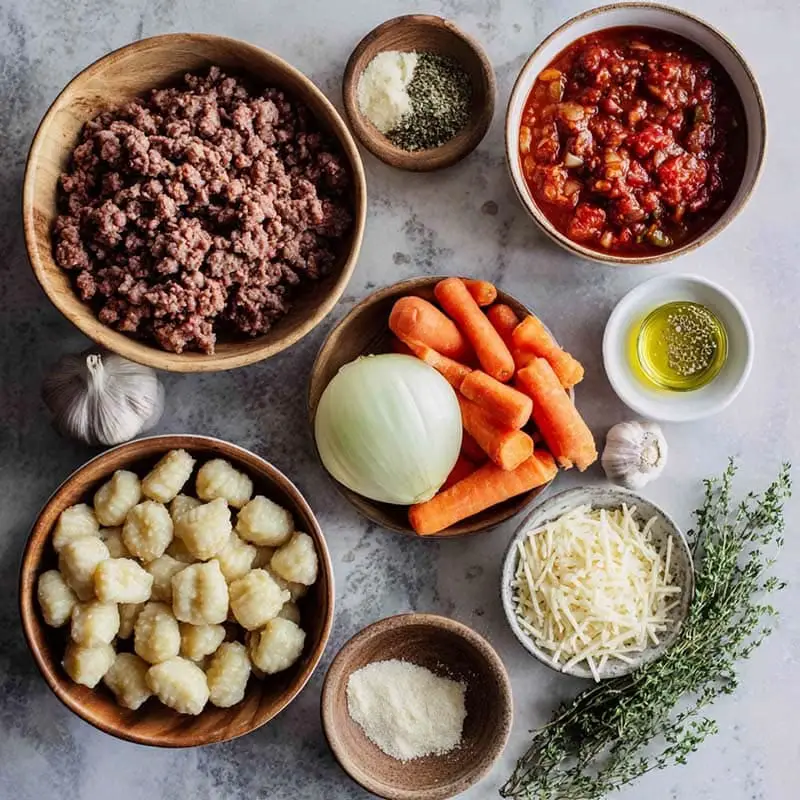 Ingredients for beef Bolognese gnocchi recipe